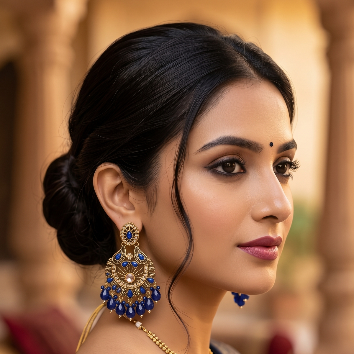 Antique Gold Multicolor Stone Chandbali Earrings with Beaded Drops