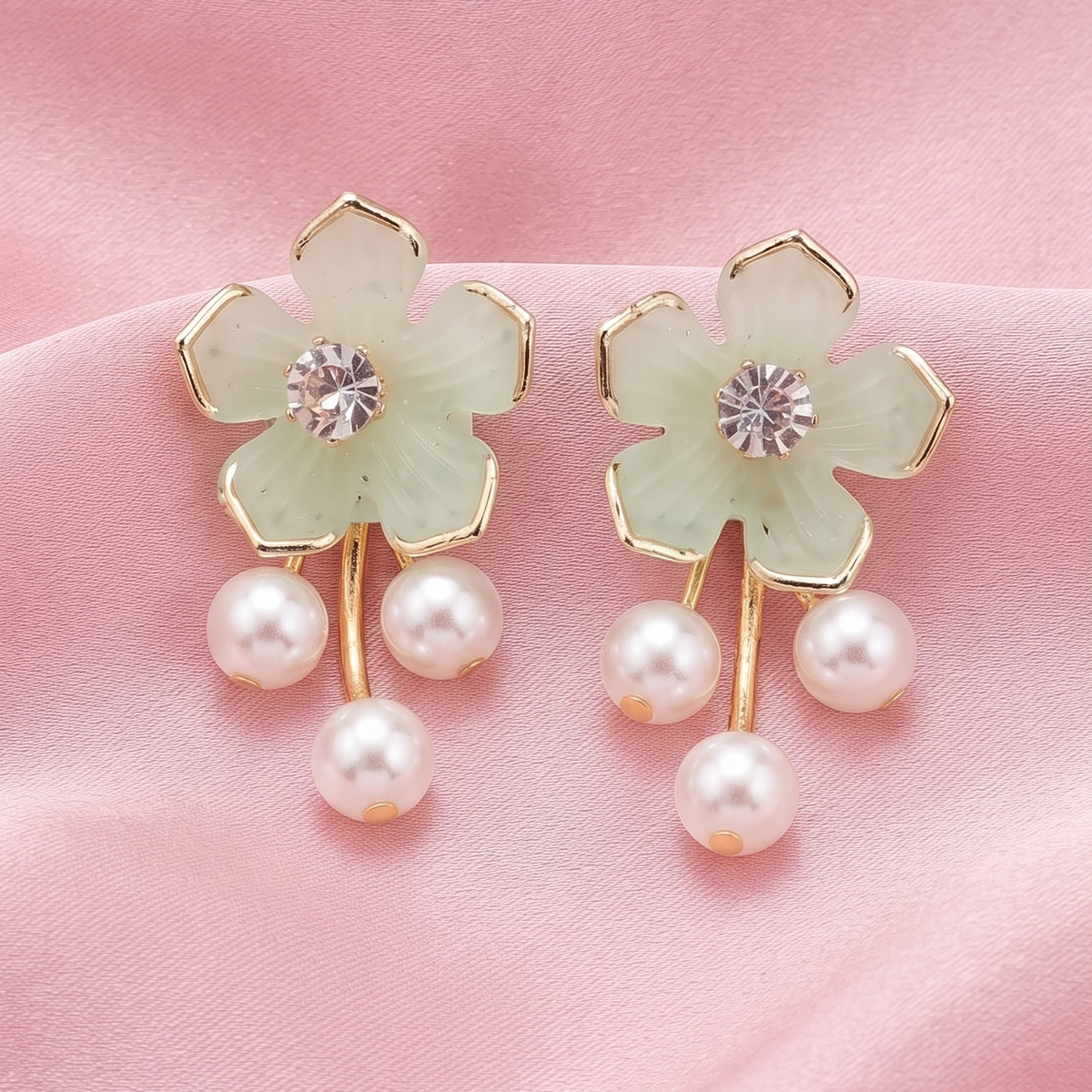 Elegant Floral Crystal Stud Earrings with Pearl Drops for Women