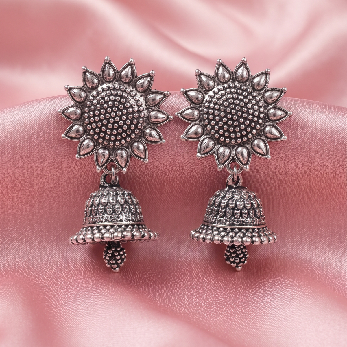 Oxidized Silver Sunflower Jhumka Earrings for Women