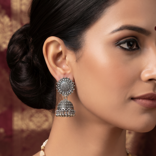 Traditional Oxidised Silver Round Stud Jhumka Earrings with Ghungroo Detailing for Women