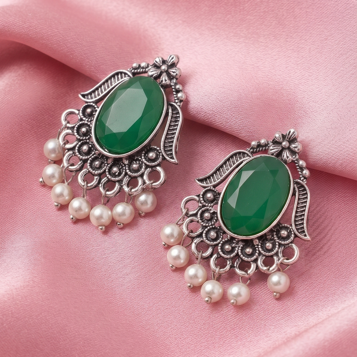 Oxidised Silver Oval Stone Earrings with Pearl Bead Drops