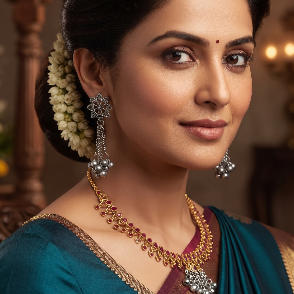 Traditional Oxidised Silver Floral Stud Long Chain Earrings with Ghungroo Charms for Women