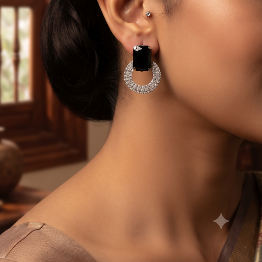 Black Stone Crystal Hoop Earrings for Women – Elegant Silver-Tone Statement Earrings