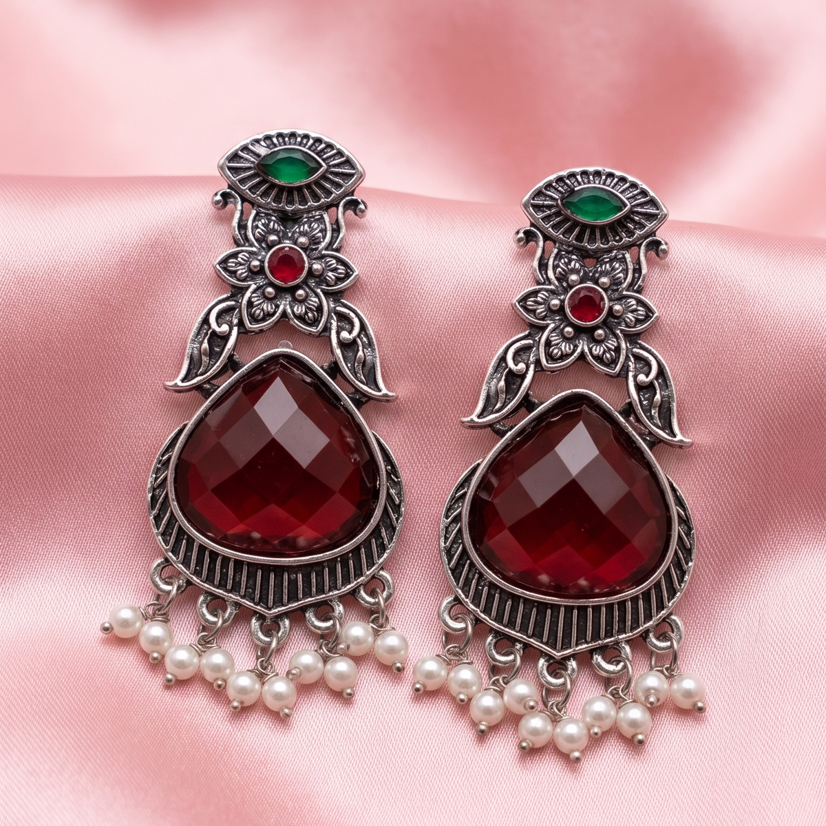 Oxidised Silver Floral Stone Drop Earrings with Pearl Beads