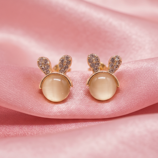 Golden Bunny Ear Stud Earrings with Pearl Finish & Crystal Detailing