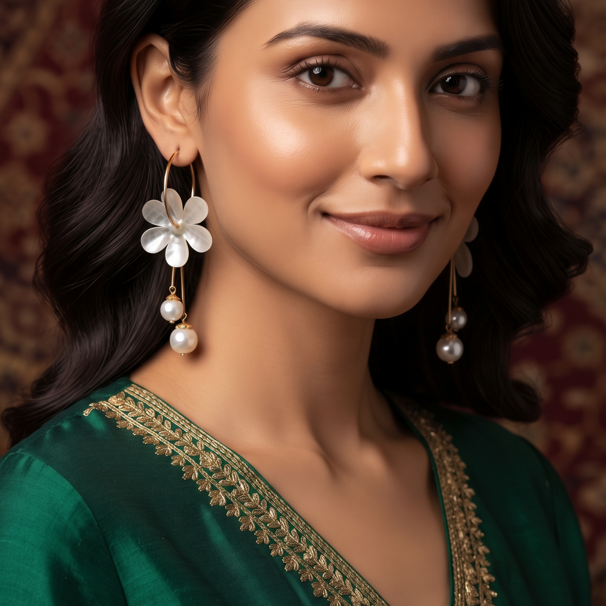 White Flower Pearl Drop Earrings for Women