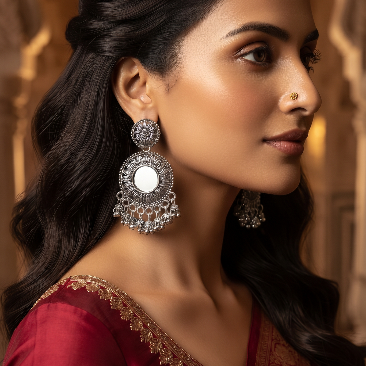 Traditional Oxidised Silver Floral Mirror Work Earrings with Ghungroo Drops