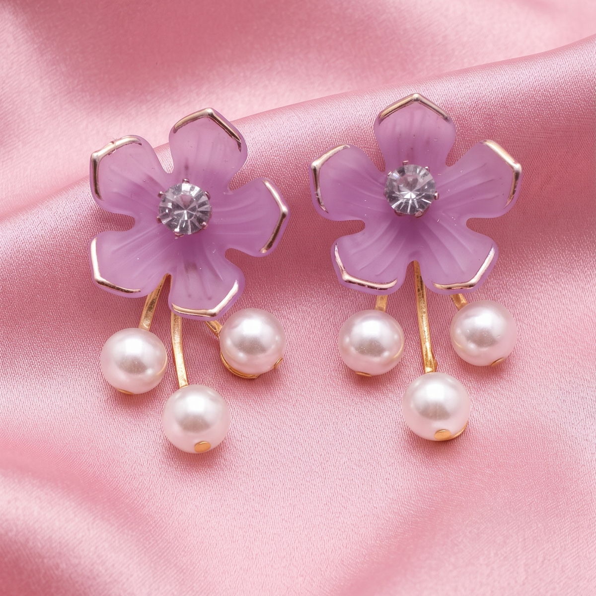 Elegant Floral Crystal Stud Earrings with Pearl Drops for Women