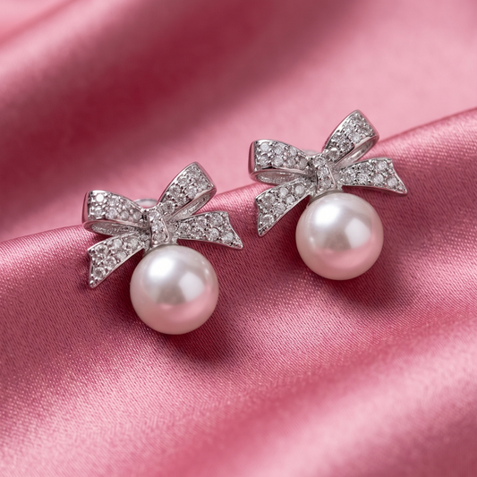 Silver Crystal Bow Pearl Stud Earrings