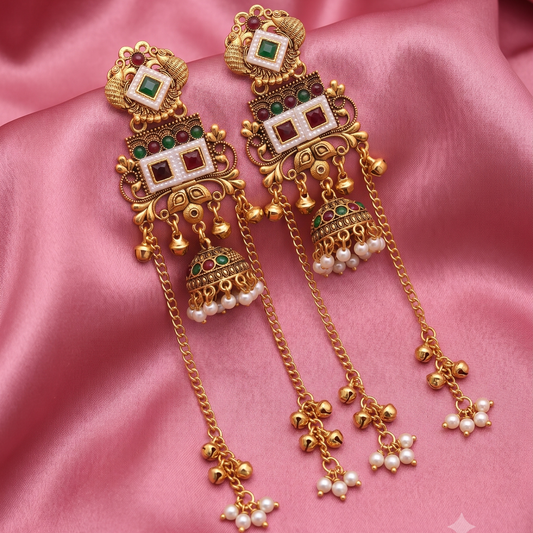 Antique Gold Multicolor Jhumka Chain Tassel Earrings