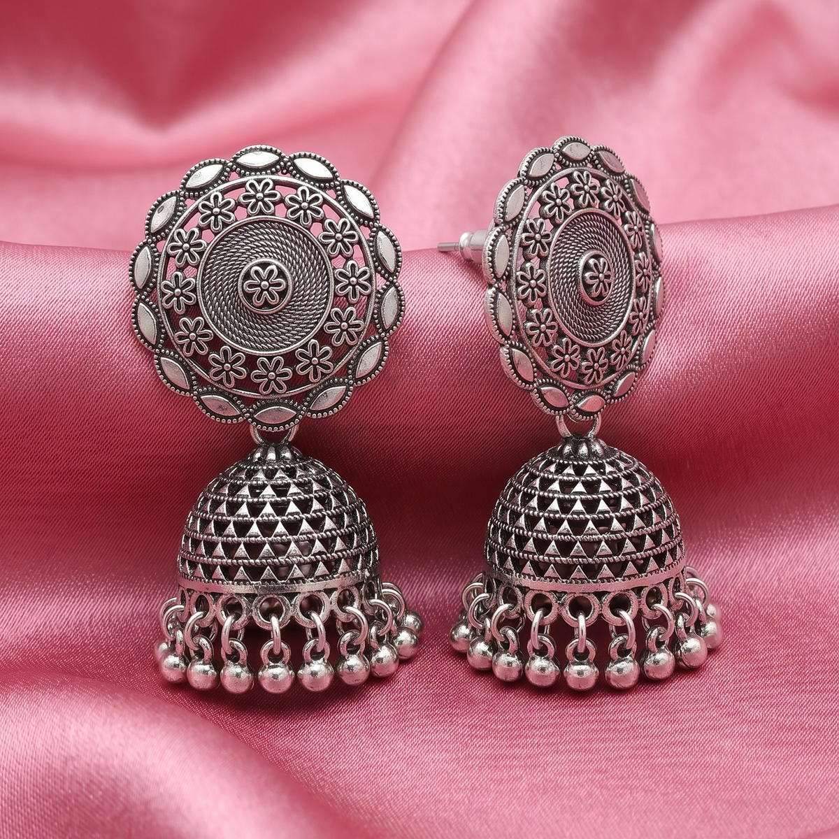 Oxidised Silver Floral Jhumka Earrings