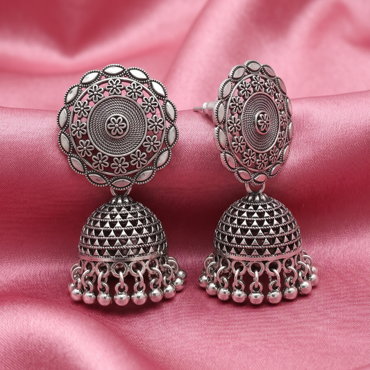Oxidised Silver Floral Jhumka Earrings