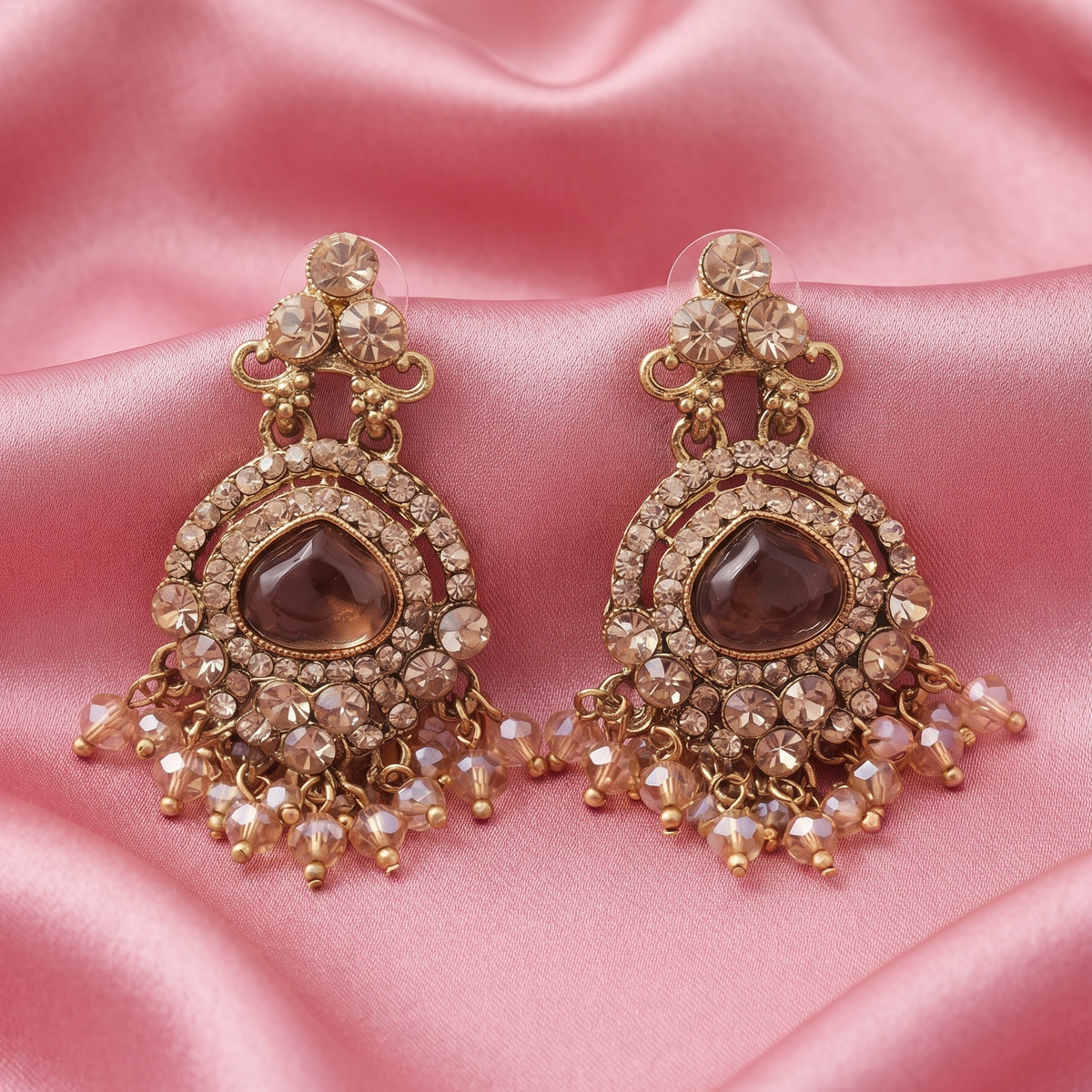 Gold Teardrop Crystal Beaded Earrings