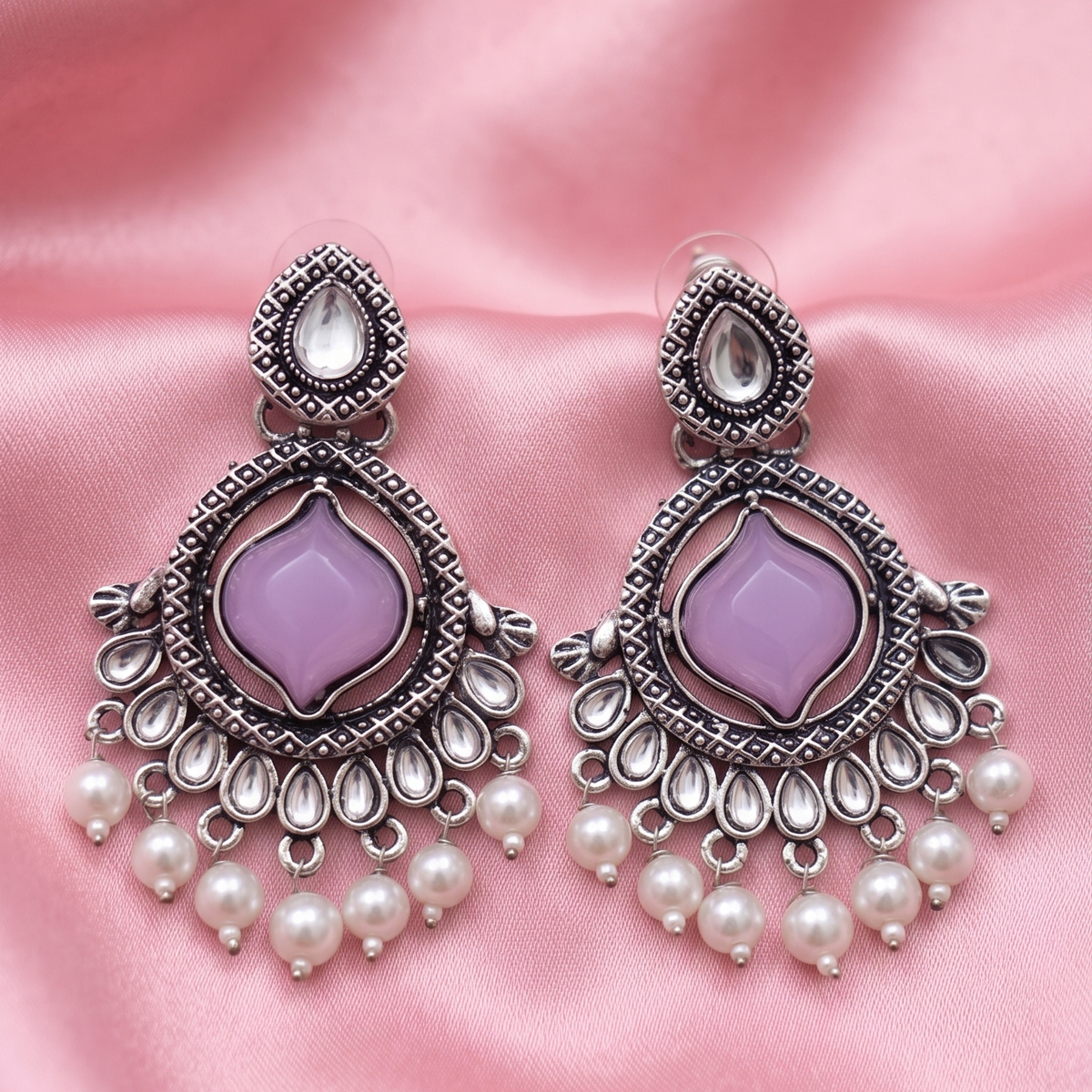 Oxidised Silver Stone & Pearl Drop Earrings – Multicolor