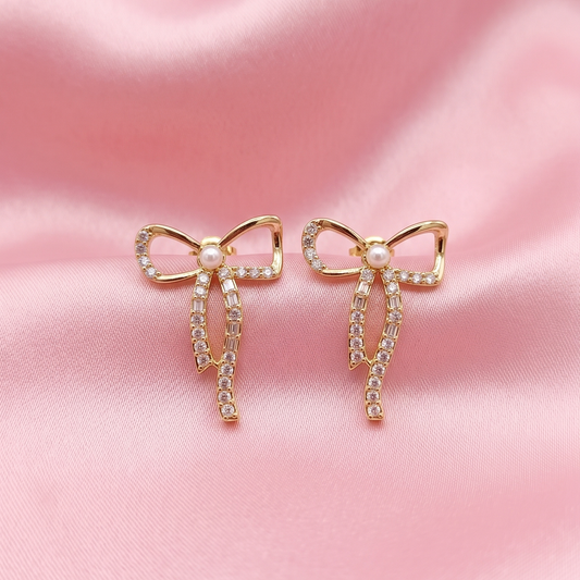 Crystal Bow Pearl Drop Stud Earrings