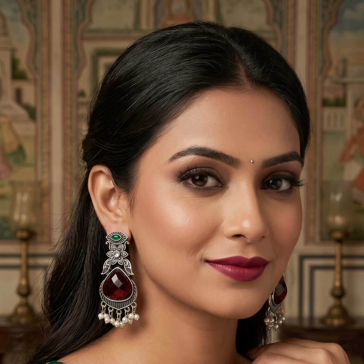 Oxidised Silver Floral Stone Drop Earrings with Pearl Beads