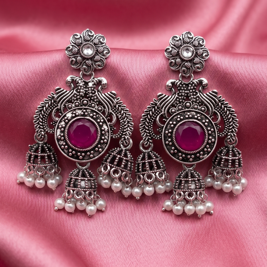 Oxidised Silver Peacock Chandbali Jhumka Earrings with Pearl Drops