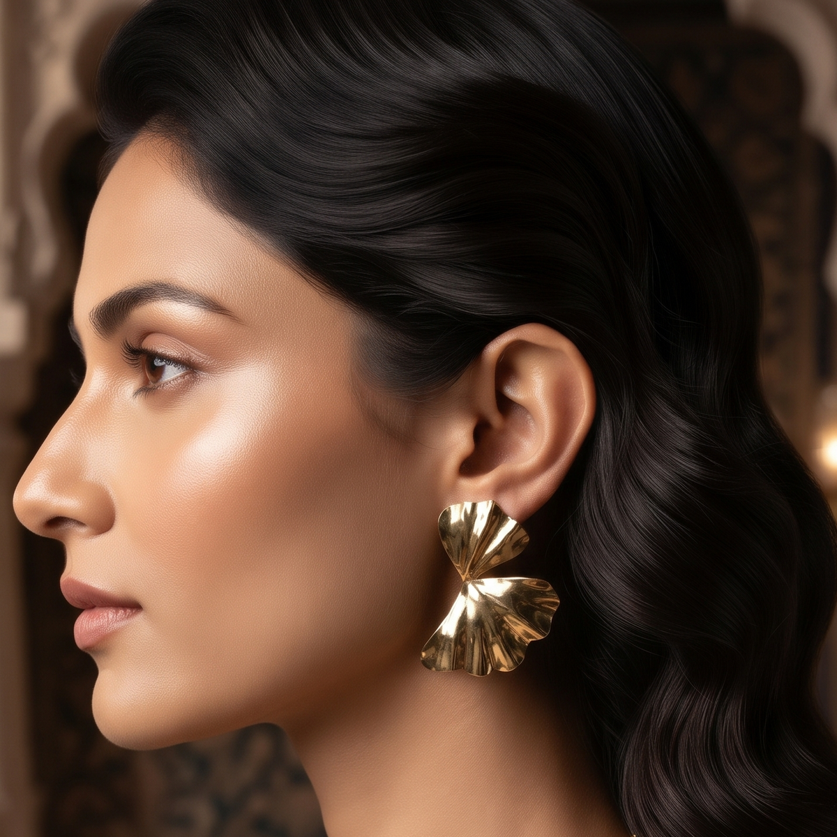 Golden Sculpted Petal Statement Earrings