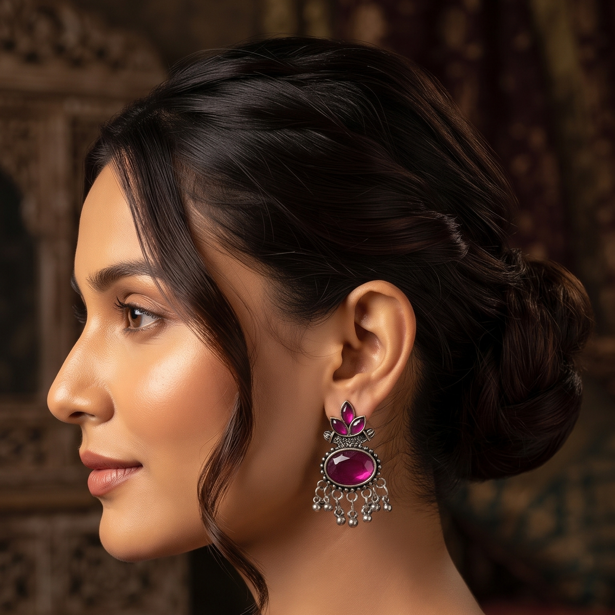 Oxidised Silver Lotus Stone Drop Earrings with Ghungroo Beads