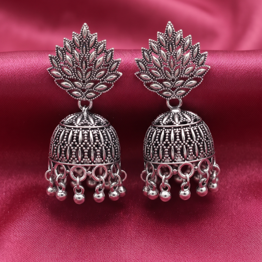 Antique Silver Oxidised Peacock Design Jhumka Earrings for Women