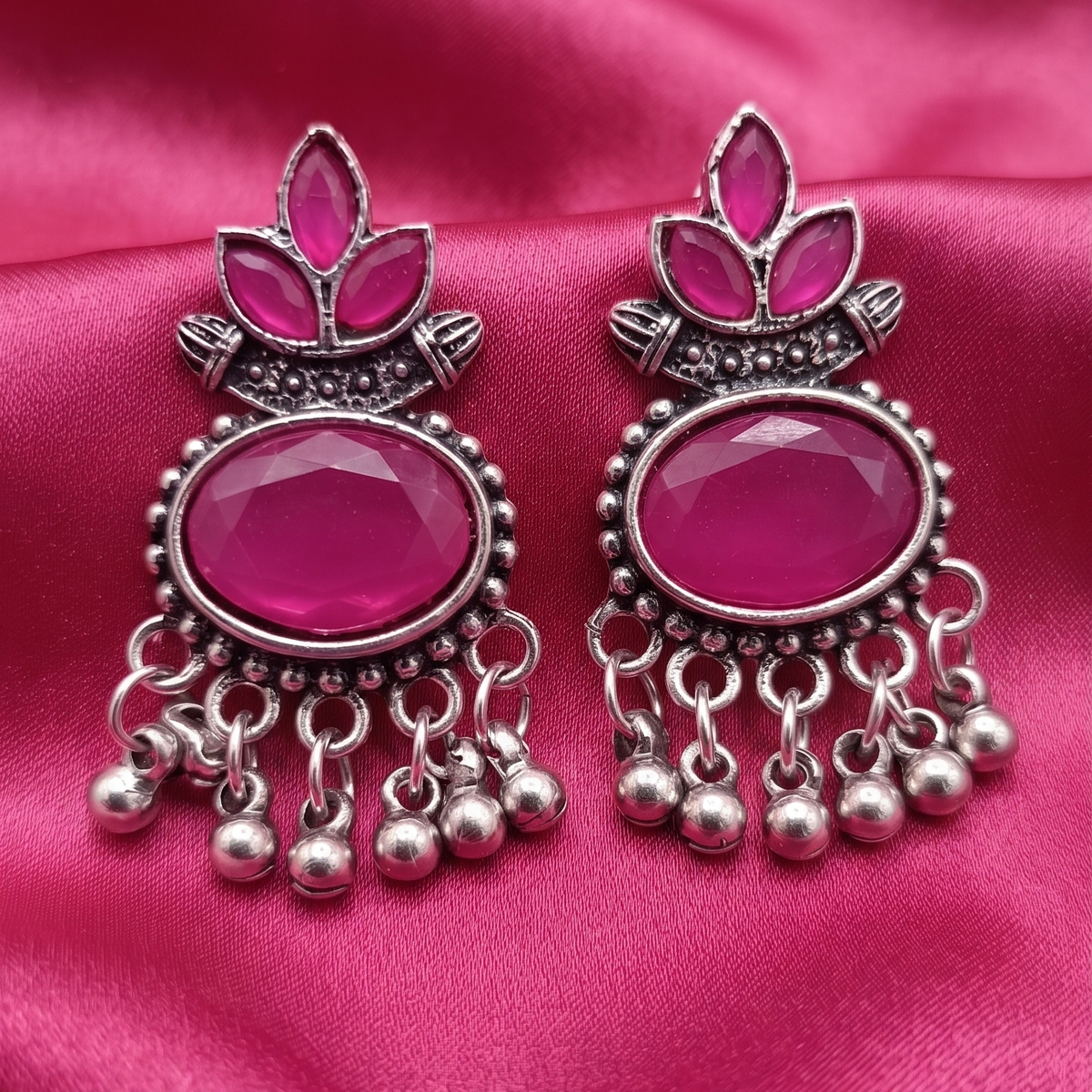 Oxidised Silver Lotus Stone Drop Earrings with Ghungroo Beads