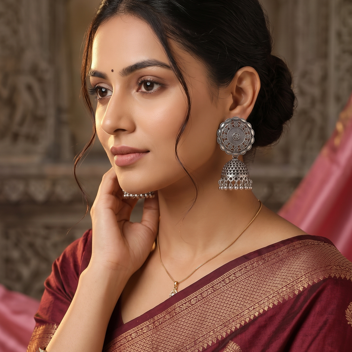 Oxidised Silver Floral Jhumka Earrings