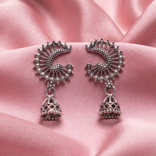 Oxidized Silver Peacock Jhumka Earrings for Women
