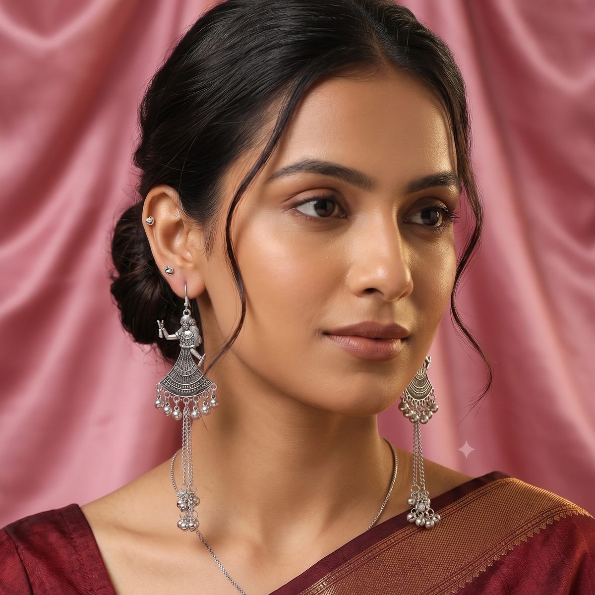 Oxidised Silver Dancing Girl Tassel Earrings