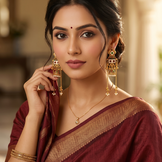 Antique Gold Multicolor Jhumka Chain Tassel Earrings