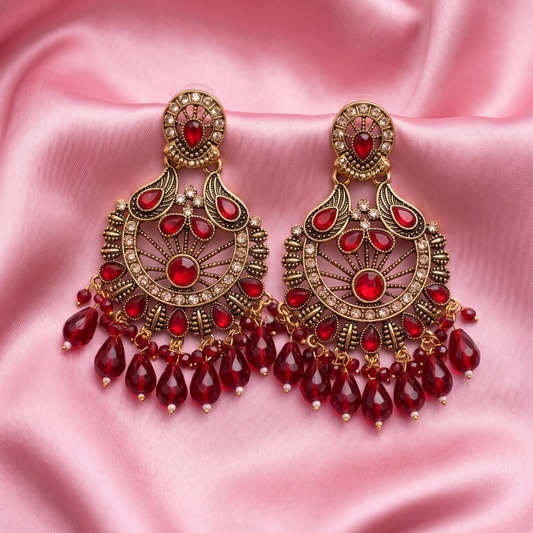 Antique Gold Multicolor Stone Chandbali Earrings with Beaded Drops