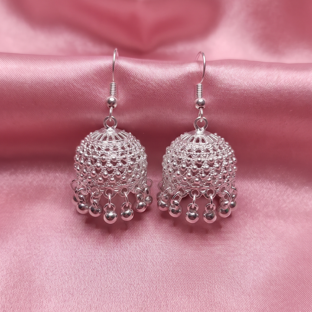 Traditional Silver-Toned Filigree Jhumka Hook Earrings for Women