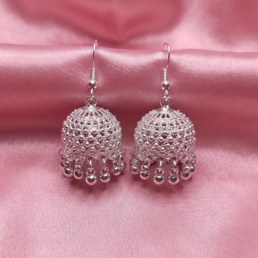 Traditional Silver-Toned Filigree Jhumka Hook Earrings for Women
