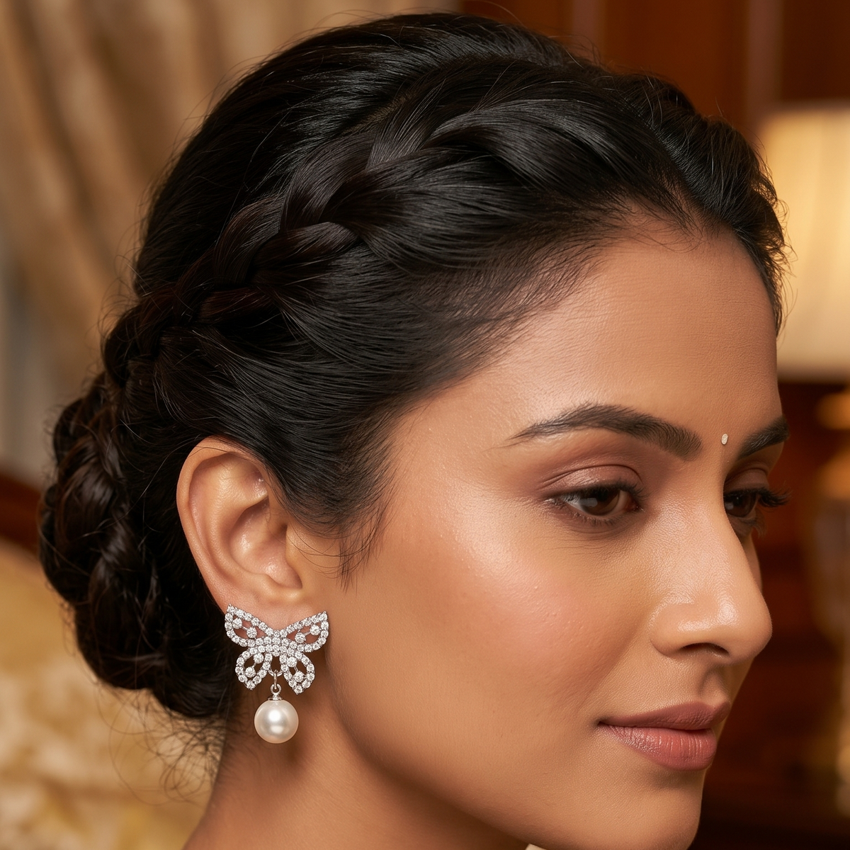 Silver Crystal Bow Earrings with Pearl Drops