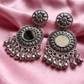Traditional Oxidised Silver Floral Mirror Work Earrings with Ghungroo Drops