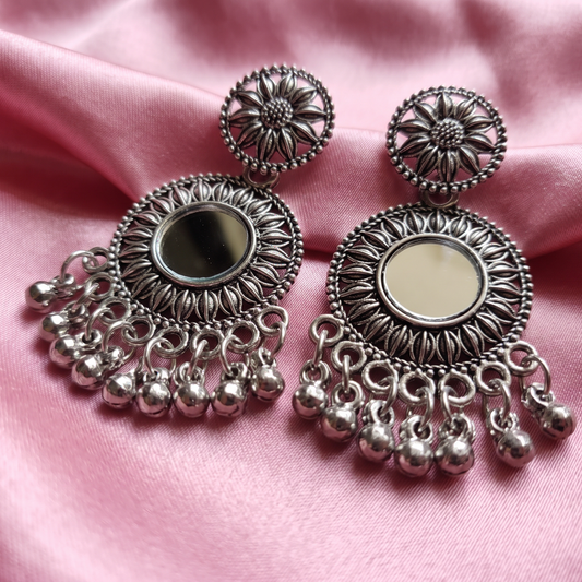 Traditional Oxidised Silver Floral Mirror Work Earrings with Ghungroo Drops