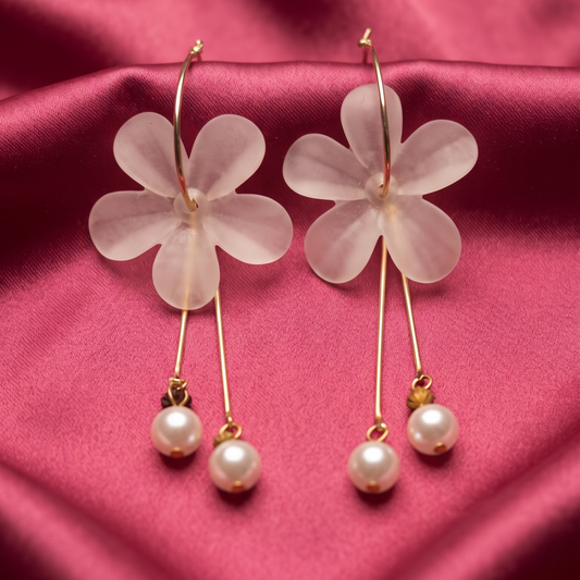 White Flower Pearl Drop Earrings for Women