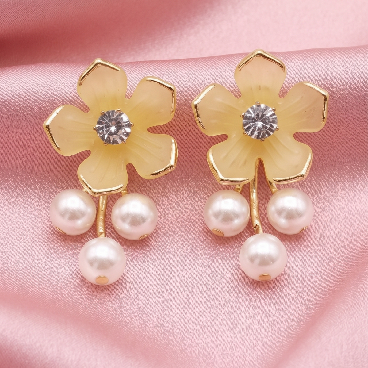 Elegant Floral Crystal Stud Earrings with Pearl Drops for Women