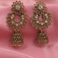 Traditional Antique Gold Floral Chandbali Jhumka Earrings with Crystal Stone Detailing