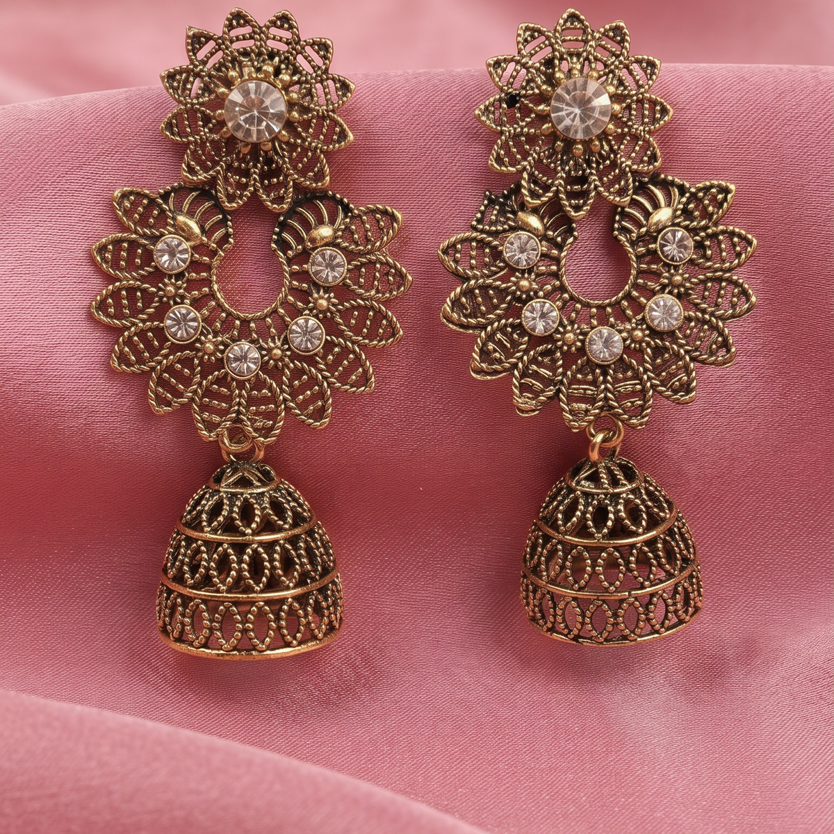 Traditional Antique Gold Floral Chandbali Jhumka Earrings with Crystal Stone Detailing