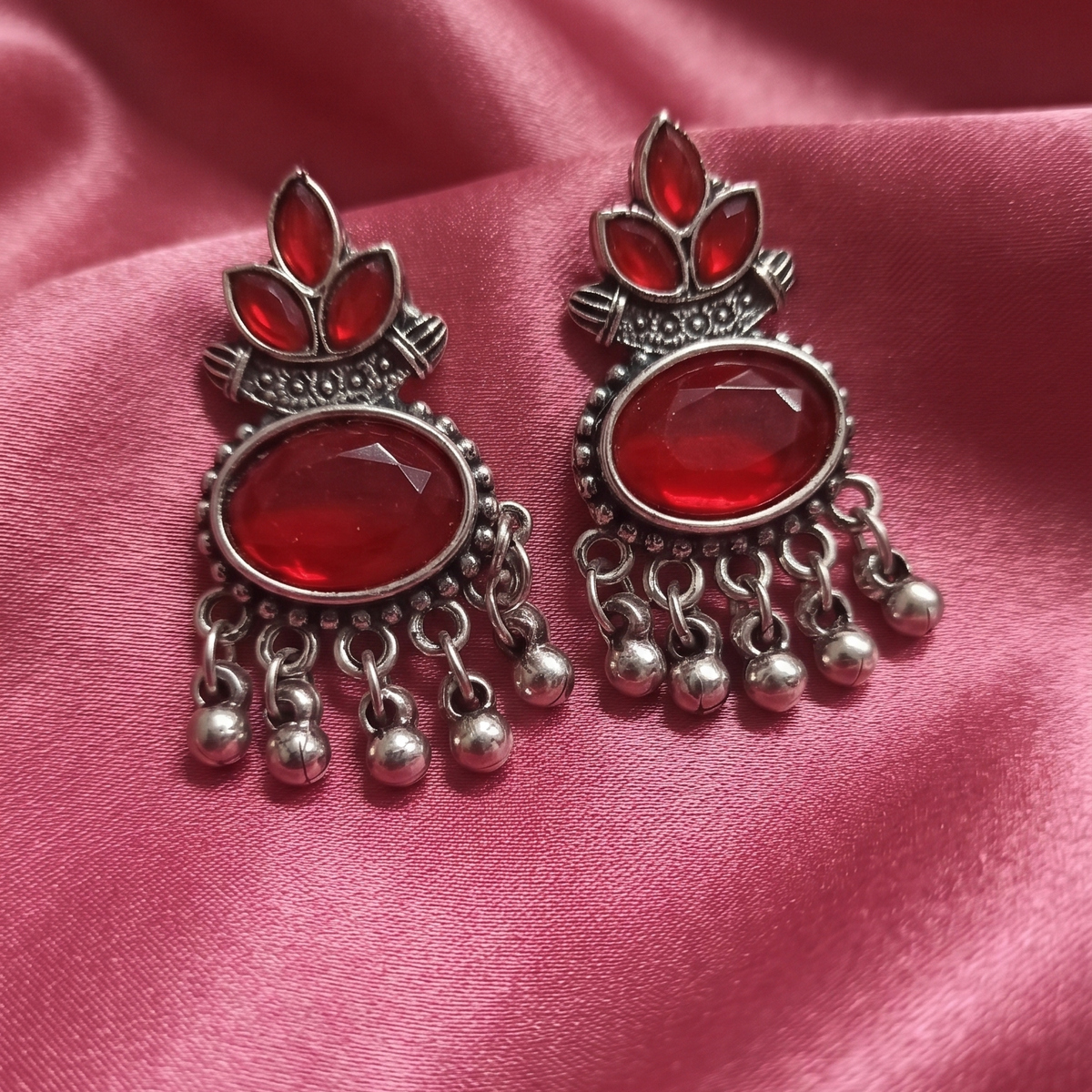 Oxidised Silver Lotus Stone Drop Earrings with Ghungroo Beads
