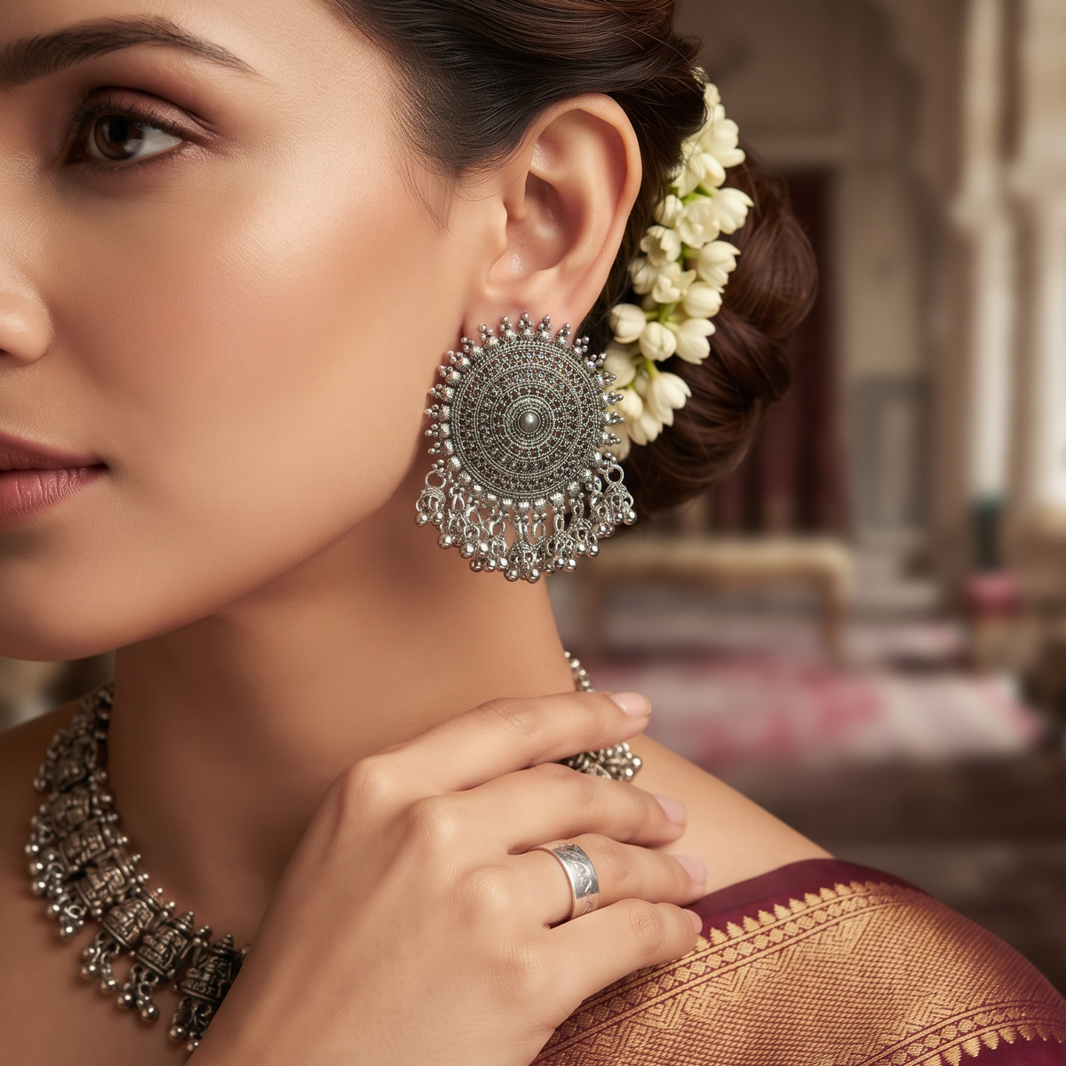 Traditional Oxidised Silver Round Chandbali Earrings with Ghungroo Detailing for Women