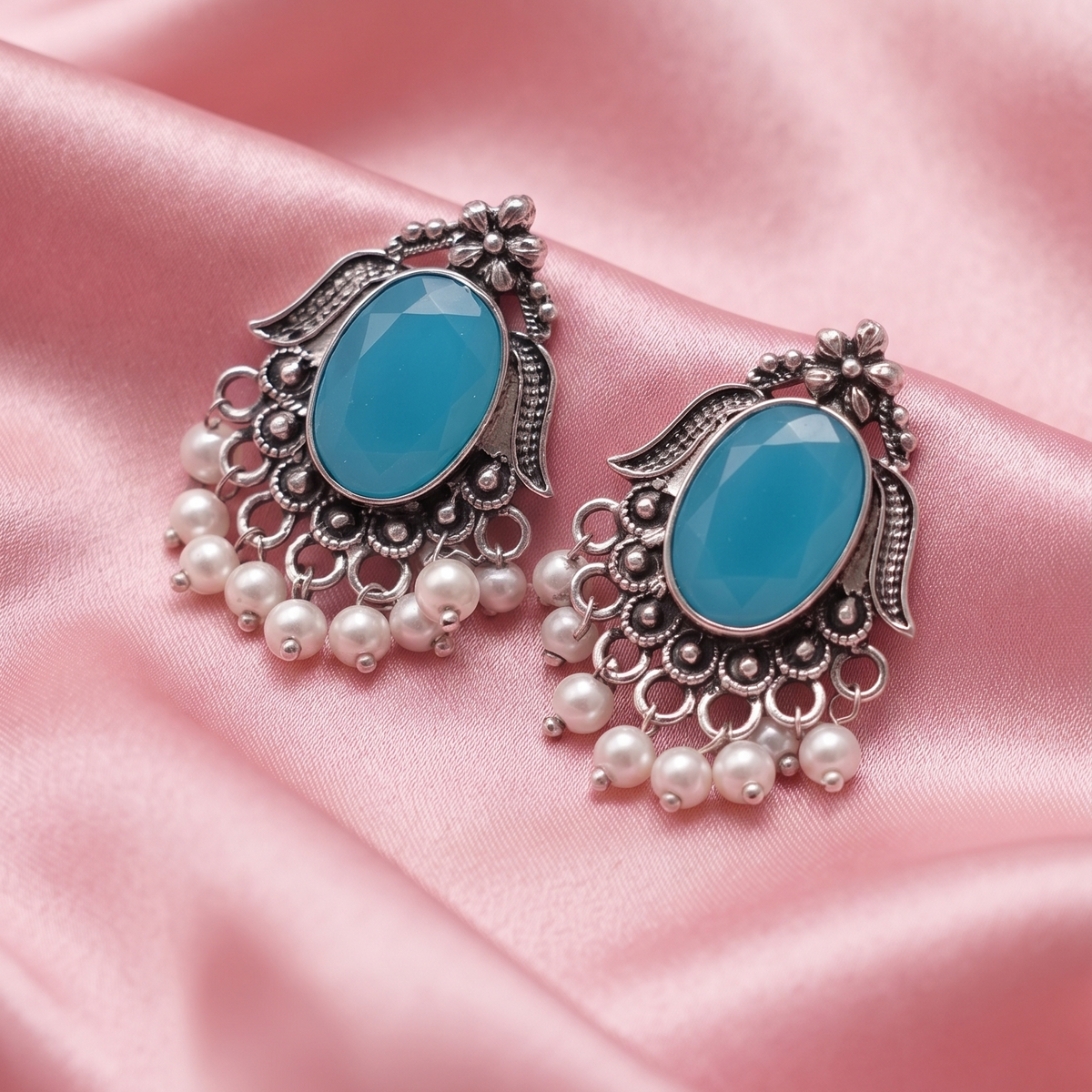Oxidised Silver Oval Stone Earrings with Pearl Bead Drops
