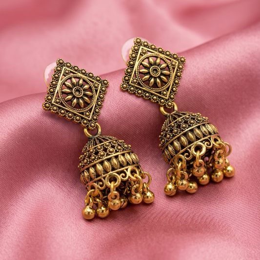 Antique Gold Oxidised Floral Square Jhumka Earrings