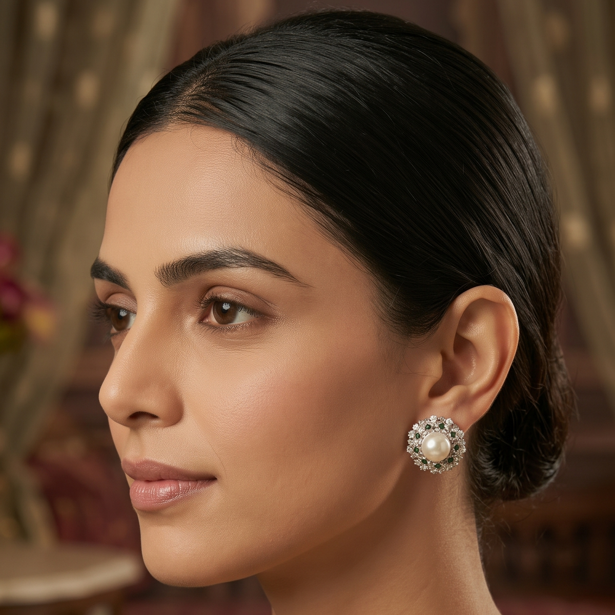 Silver Floral Pearl Stud Earrings