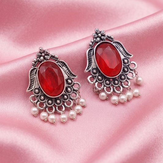 Oxidised Silver Oval Stone Earrings with Pearl Bead Drops