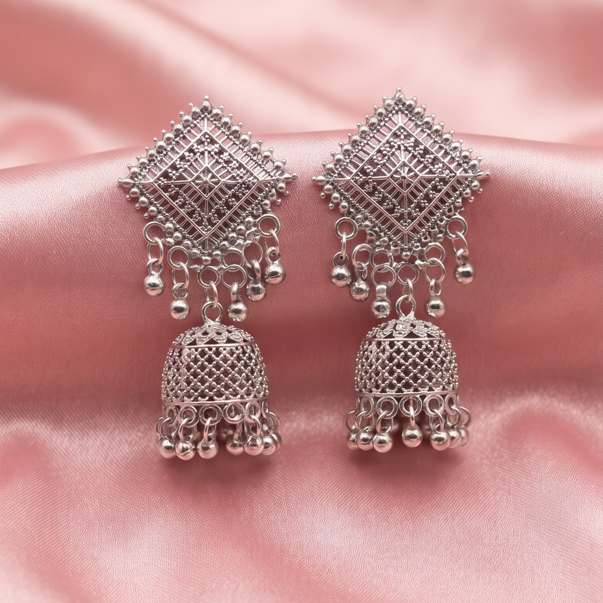 Traditional Oxidised Silver Geometric Jhumka Earrings for Women