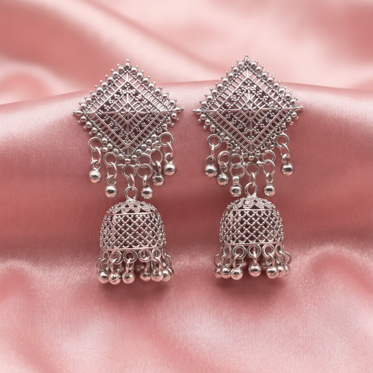 Traditional Oxidised Silver Geometric Jhumka Earrings for Women