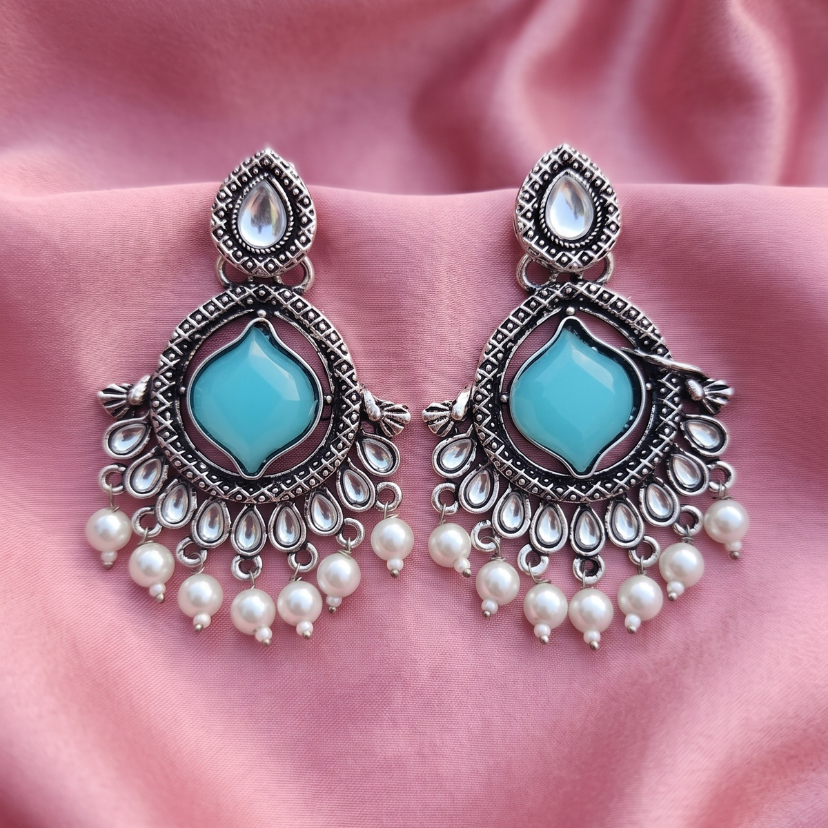 Oxidised Silver Stone & Pearl Drop Earrings – Multicolor