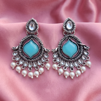 Oxidised Silver Stone & Pearl Drop Earrings – Multicolor