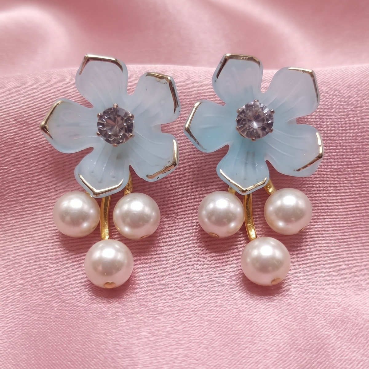 Elegant Floral Crystal Stud Earrings with Pearl Drops for Women